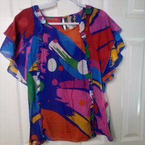 Coconinno Blouse Women L Short Sleeve Ruffle Light Flowing Pattern Colorful